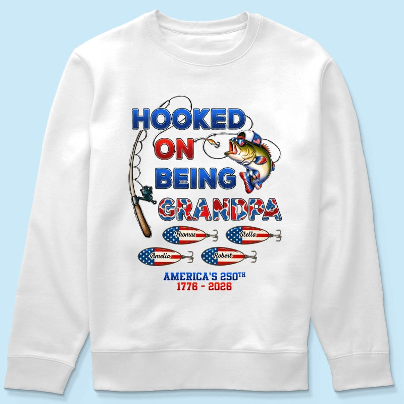 Fishing Grandpa Hooked On Freedom America 250th Anniversary - Personalized Shirt - Gift For Grandpa, 250 Years Of Freedom