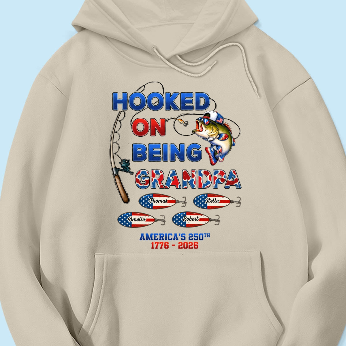 Fishing Grandpa Hooked On Freedom America 250th Anniversary - Personalized Shirt - Gift For Grandpa, 250 Years Of Freedom