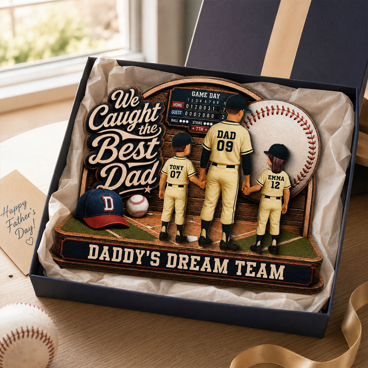 Baseball Things Dad & Kids Back View Standing 2D Flat - Personalized 2-Layered Wooden Plaque - Happy  For Baseball Dad