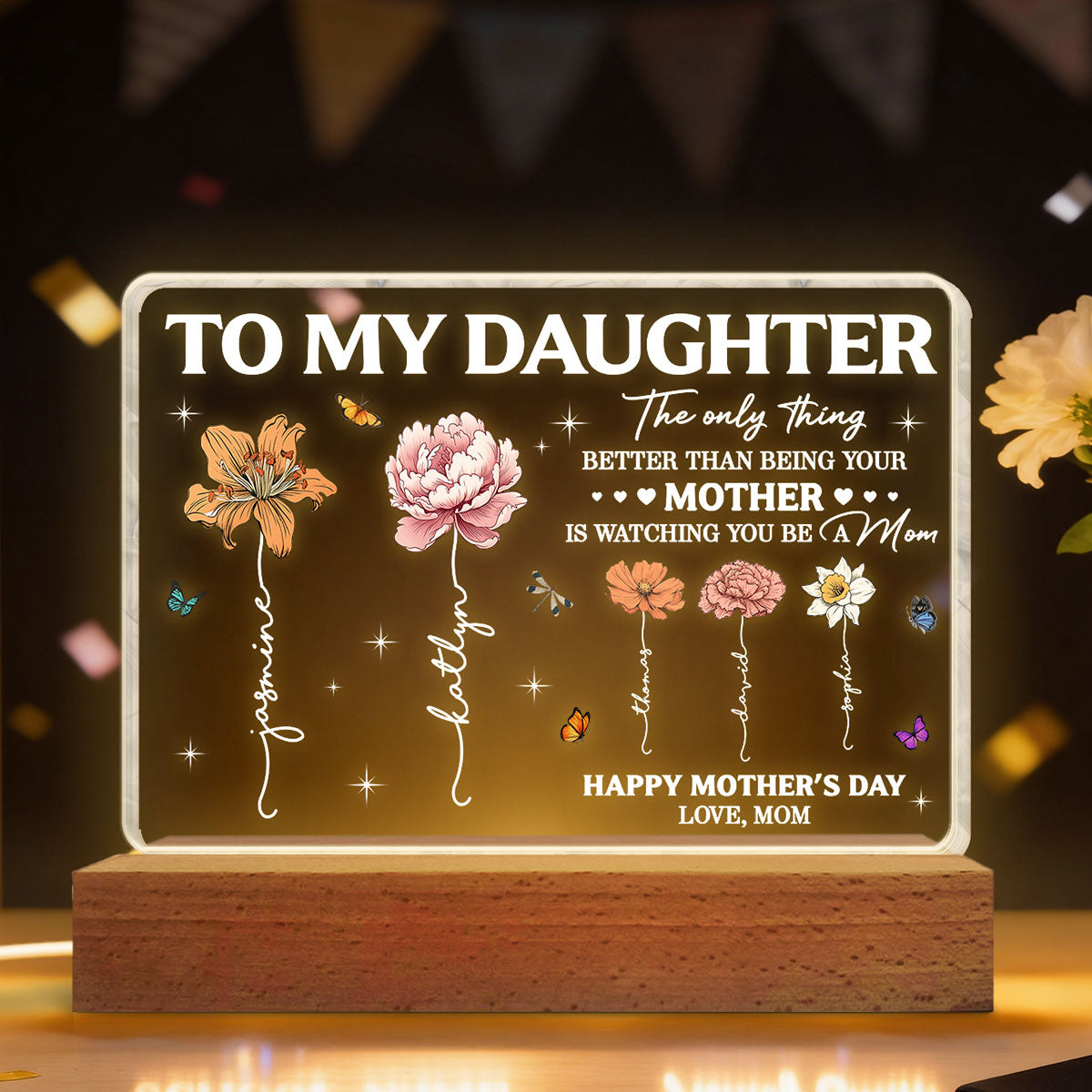 To My Daughter Mom And Daughter Custom Birth Month Flowers Kids Names - Personalized Acrylic Block LED Night Light - Mother's Day Gift For Daughter