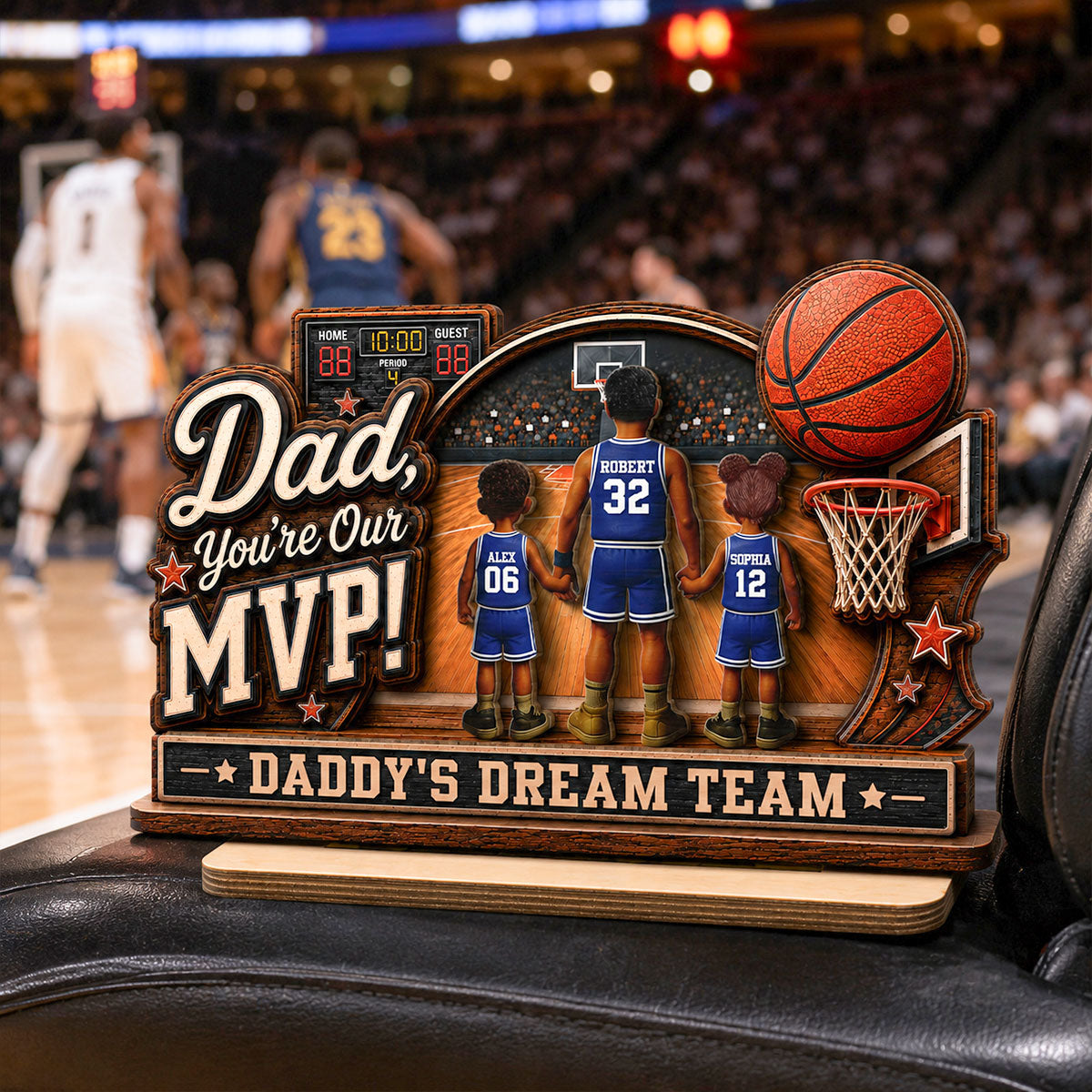 Dad You Are Our MVP Standing Basketball Man & Kids 2D Flat - Personalized 2-Layered Wooden Plaque -  Gift For Basketball Dad