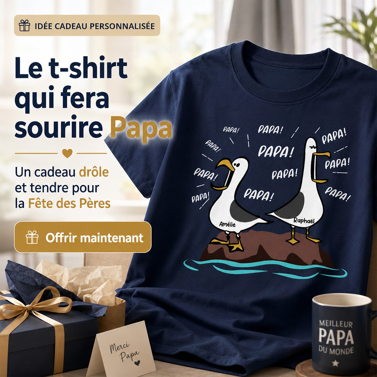 Mouettes Papa! Papa! Papa! – T-shirt Personnalisé – Cadeau Rigolo pour la Fête des Pères