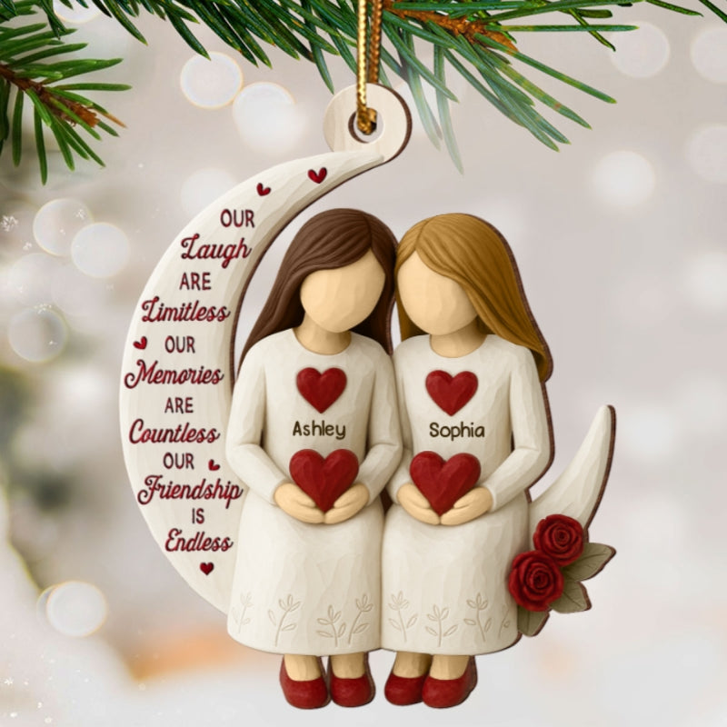3D Effect Roses Besties On Moon - Personalized Ornament - Christmas Gift For Best Friends