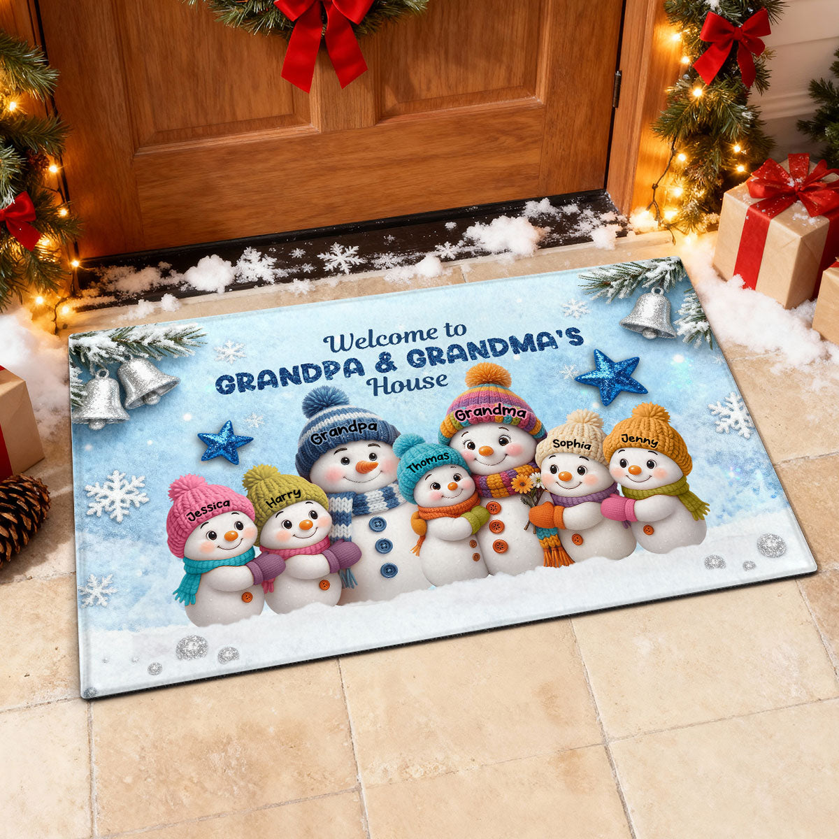 3D Effect Snowy Christmas Snowman Welcome To Grandma Grandpa House - Personalized Doormat