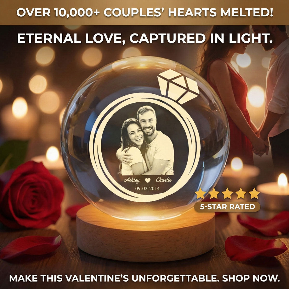 Eternal Love Custom Couple Photo Inside Ring - Personalized Crystal Ball LED Night Light - Valentine's Day Gift For Couple, For Her, For Him