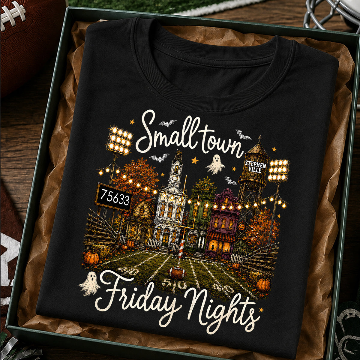 Fall Halloween Small Town Friday Nights - Personalized Shirt - Custom Town Name & Zip Code