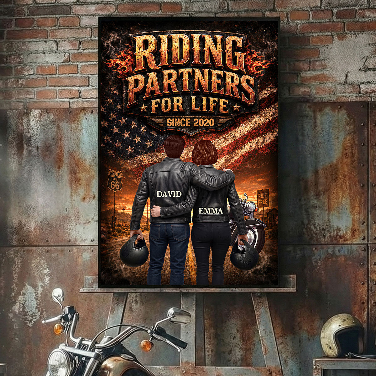 Bikers Couple Riding Partners for Life Nation Flag - Personalized Poster - Heartfelt Gift for Him, for Her