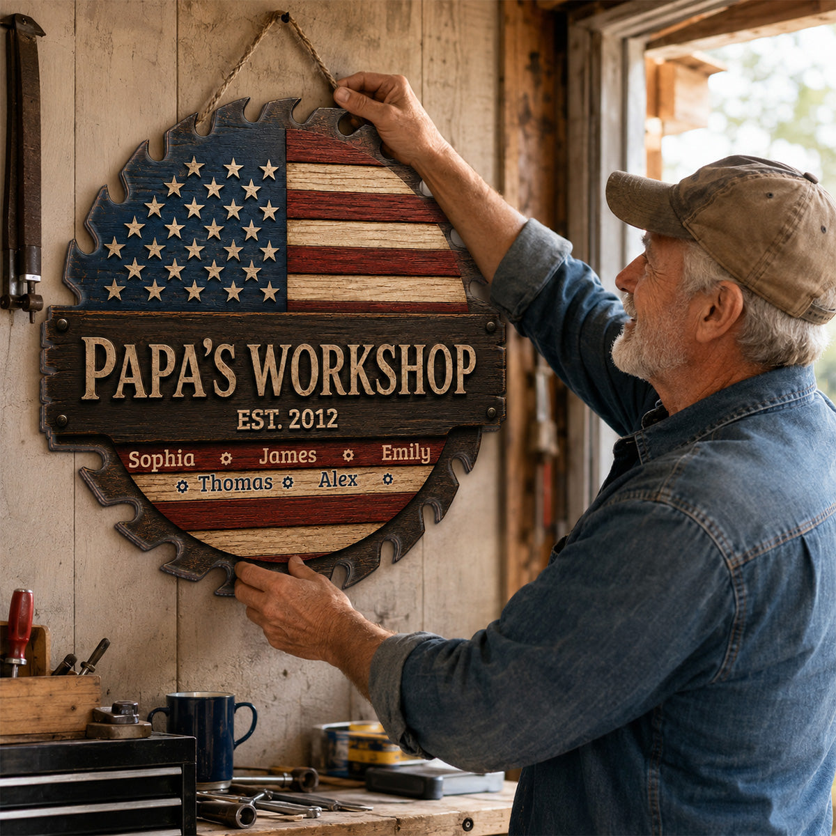 Dad Grandpa Workshop Nation Flag Theme - Personalized Wooden Garage Sign - Father's Day Gift For Patriotic Mechanic Dad, Grandpa