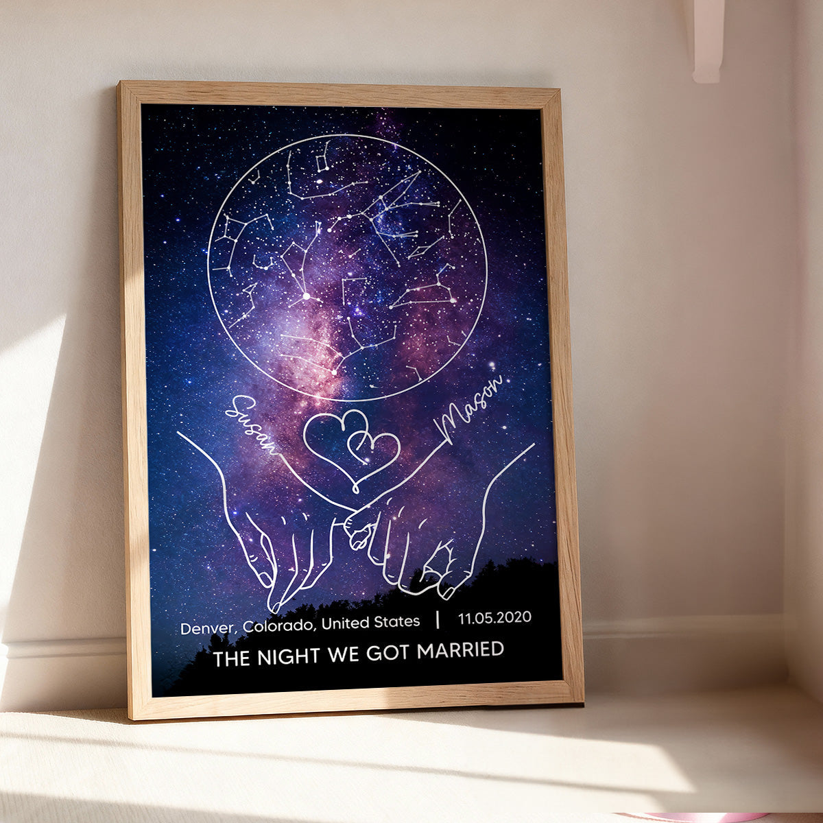Couple Holding Hands Line Art Custom Star Map Anniversary Date - Personalized Poster - Valentine's Day Gift For Couple