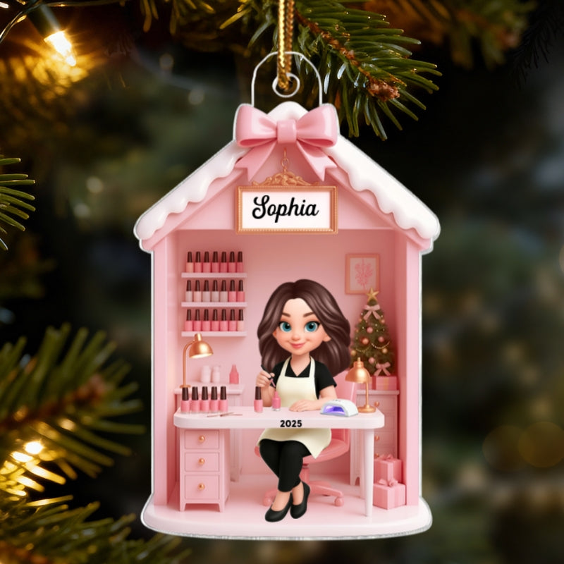 3D Effect Christmas Nail Technician In Salon - Personalized Acrylic Ornament - Gift For Nail Technician, Nails Decor, Beauty Salon, Woman, Girl