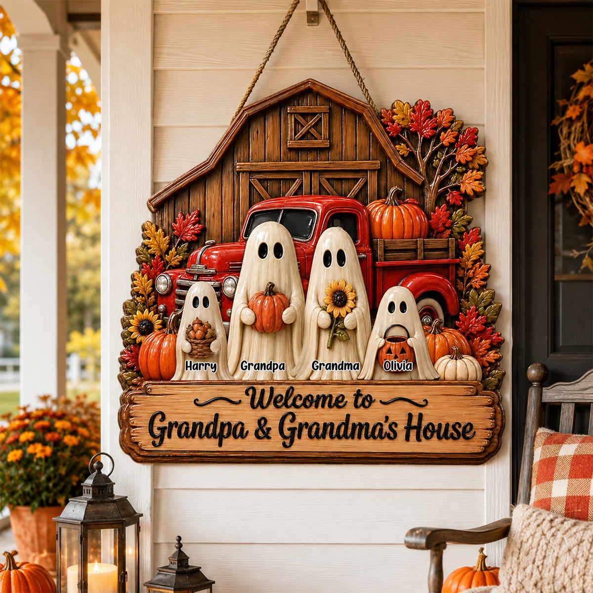 Welcome To Grandpa Grandma Ghost Farmhouse - Personalized Wood Sign - Halloween Decor Gift, Gift For Grandma Grandpa