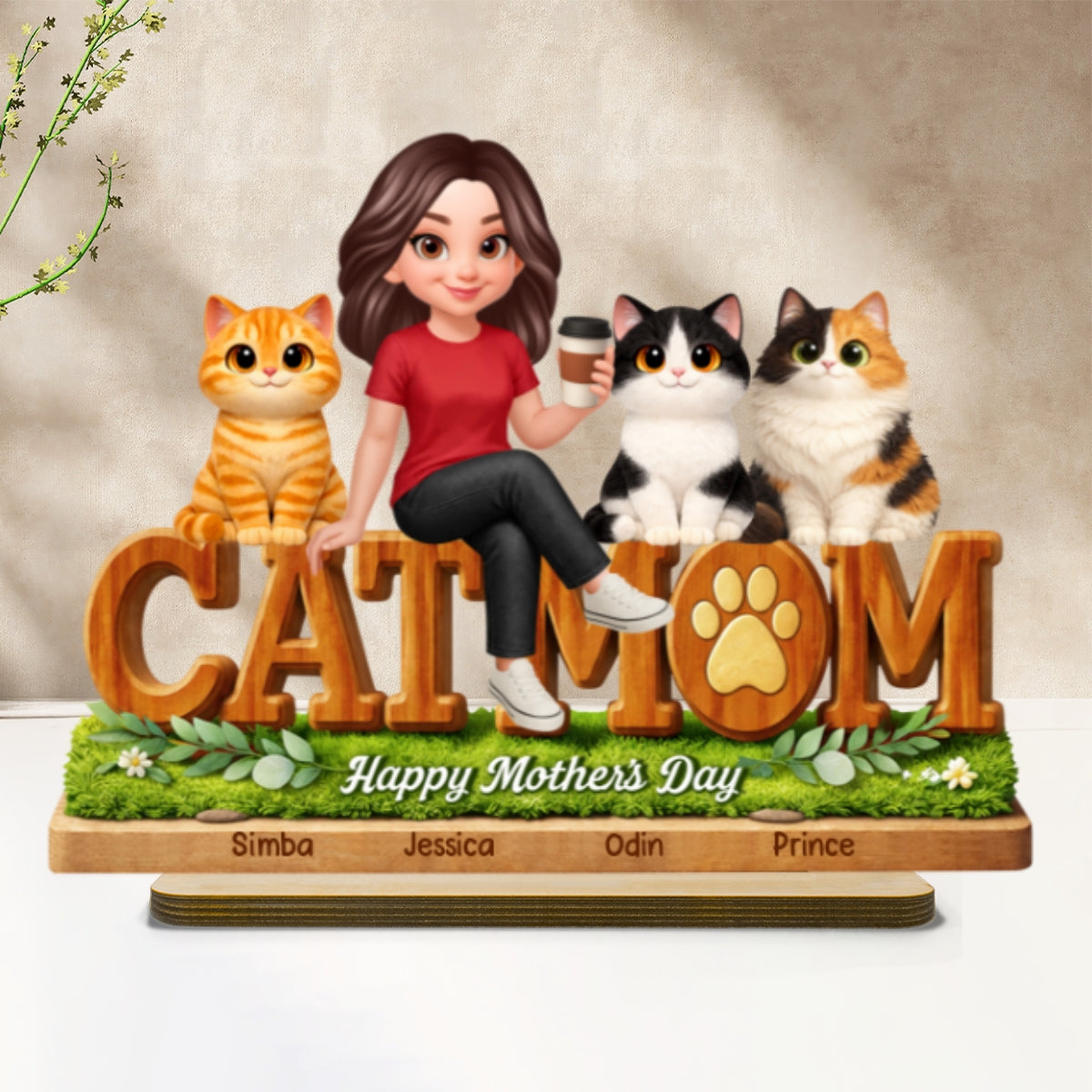 Cat Mom Cute Fluffy Cats - Personalized 2-Layered Wooden Plaque - Mother's Day Gift For Cat Mom