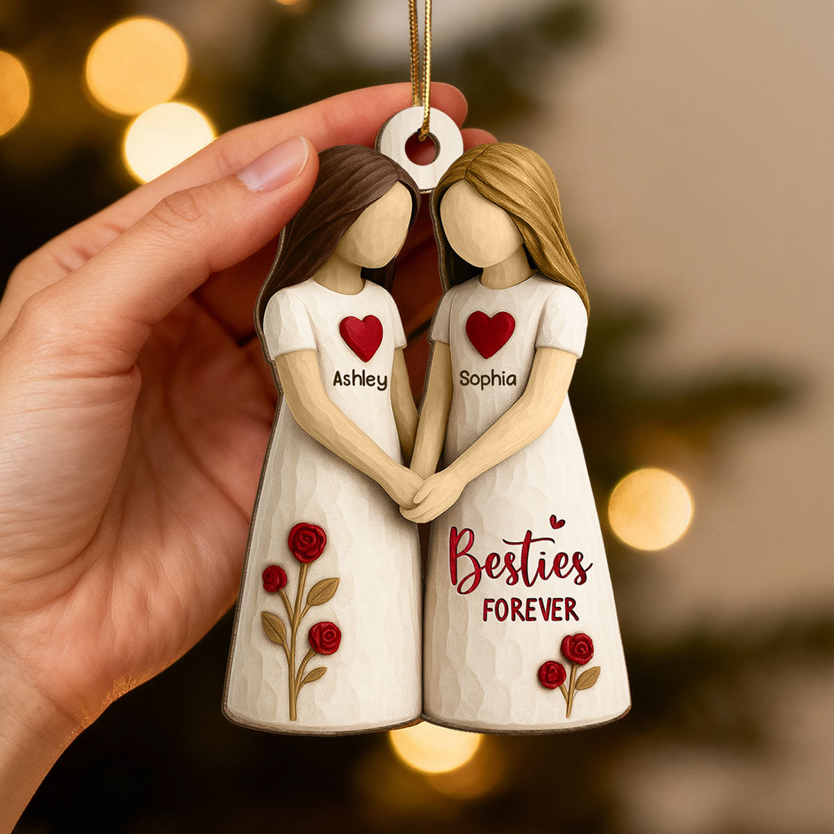 3D Effect Roses Besties Forever Together - Personalized Wooden Ornament - Christmas Gift For Best Friends