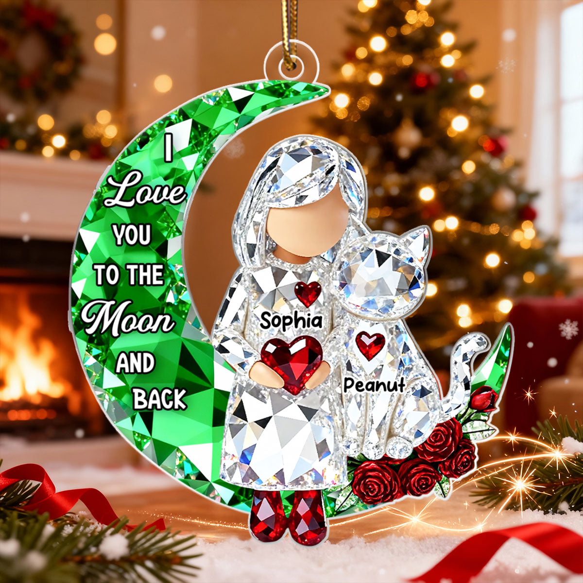 I Love You to the Moon and Back 3D Crystal Effect - Personalized Acrylic Ornament - Sentimental Gift for Cat Moms