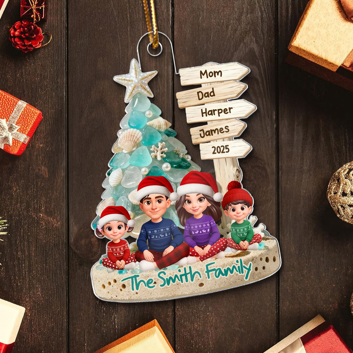 3D Sea Glass Effect Christmas Tree Sign Posts Family Together - Personalized Acrylic Ornament - Coastal Vibe Christmas Gift