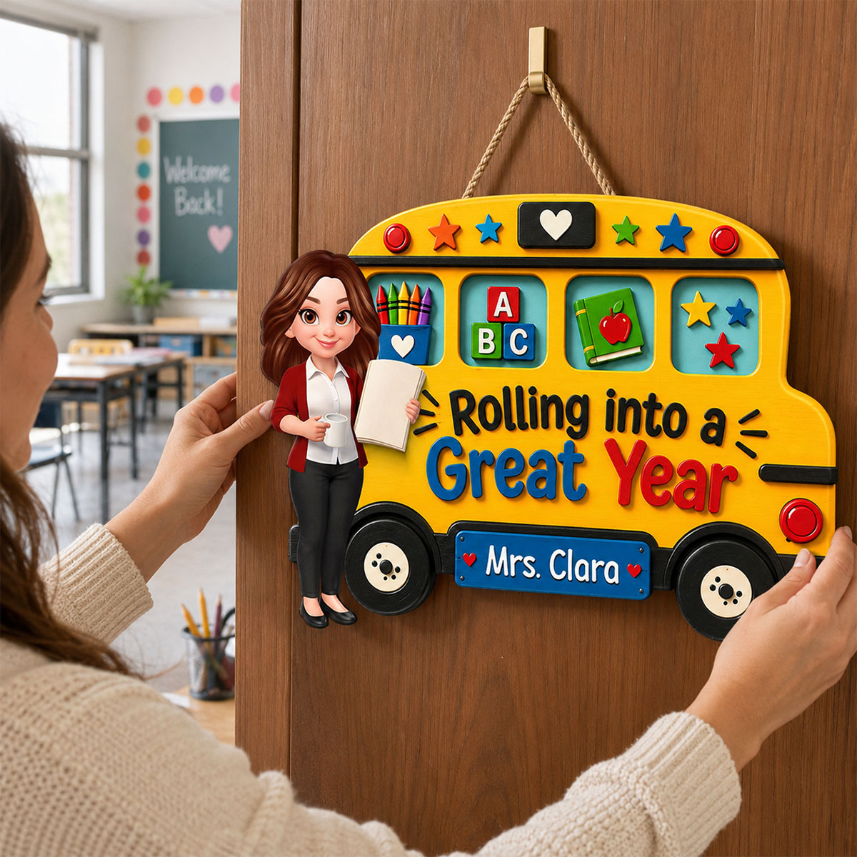 Rolling Into A Great Year Teacher - Personalized Wood Sign - Back To School Gift For Teacher, Classroom Decor