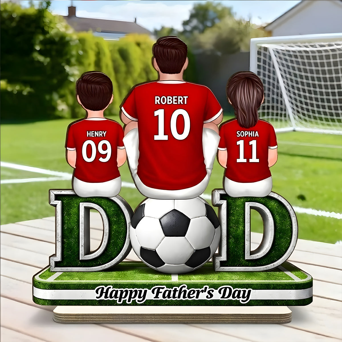 Soccer Dad And Kids Sitting Together - Personalized 2-Layered Wooden Plaque - Heartfelt Gift For Soccer Dad, Gift For Husband