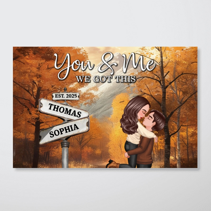 Couple Kissing Crossroads Street Sign Nostalgia Fall Theme - Personalized Poster - Anniversary, Valentine's Day Gift For Couple