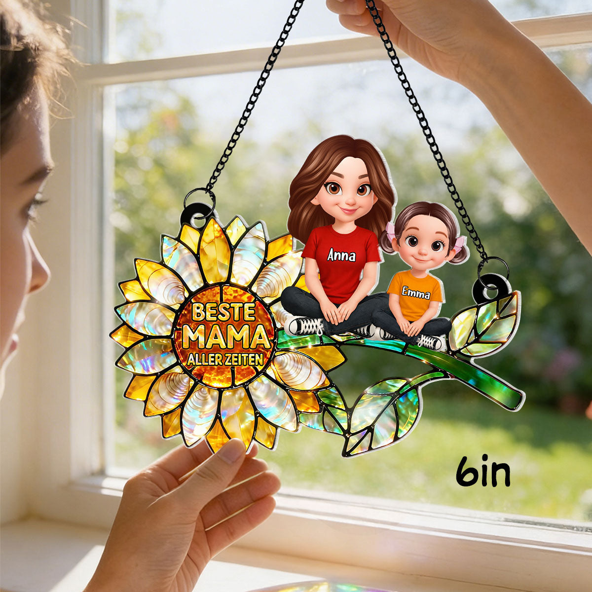 Sonnenblumen-Mama mit Kindern – Personalisierter Suncatcher fürs Fenster – Liebevolles Muttertagsgeschenk für Mama oder Ehefrau