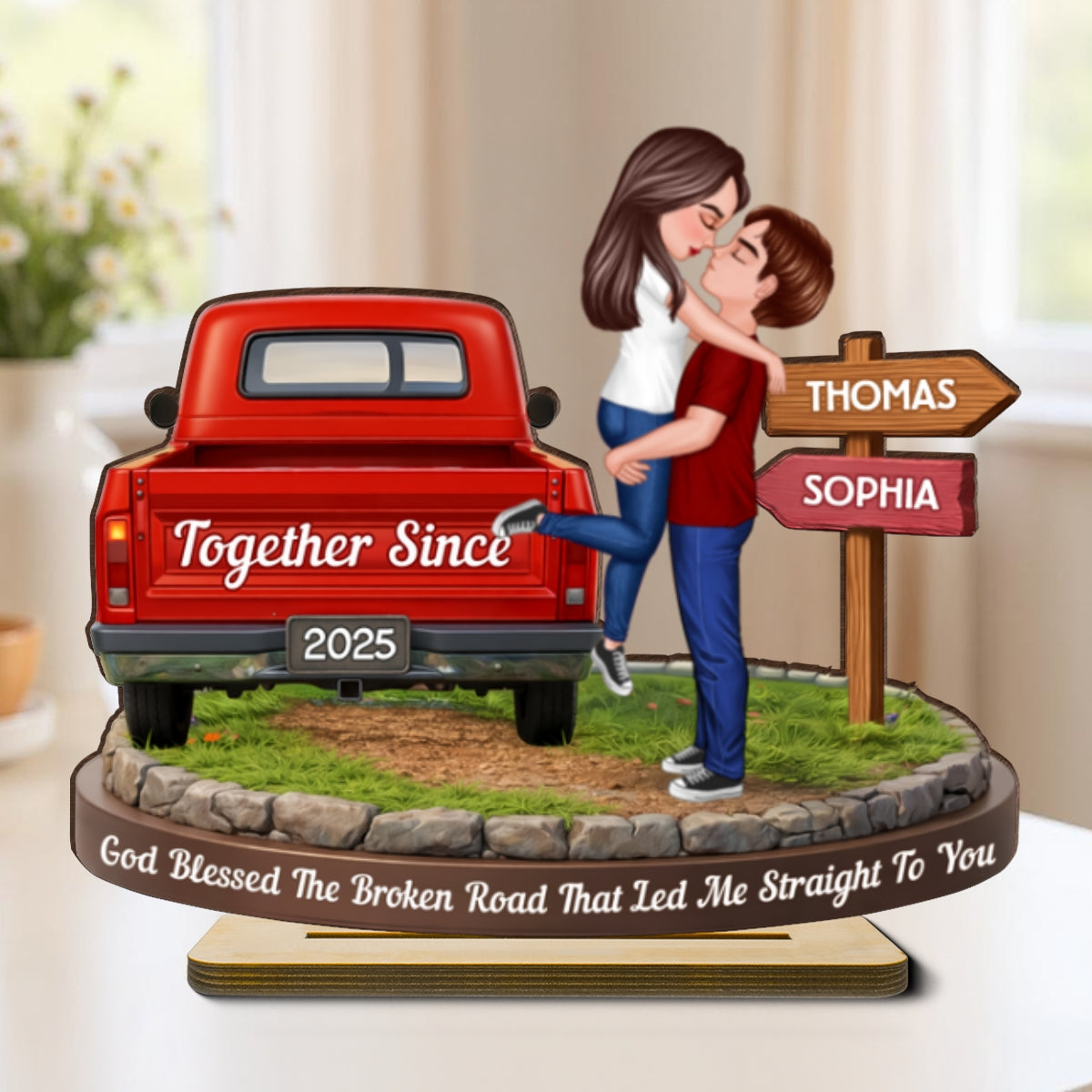 God Blessed The Broken Road - Personalized Standing Wooden Plaque - Gift for Couple
