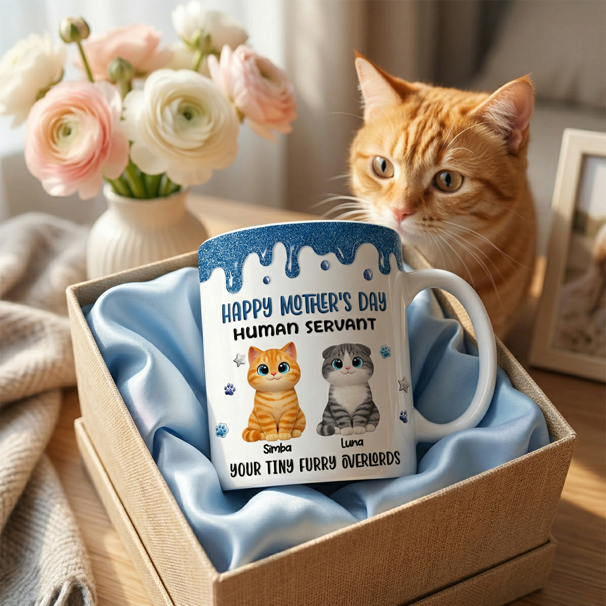 Adorable Cats Happy Mother's Day Human Servant 2D Printed - Personalized Mug - Funny Mother's Day Gift For Cat Mom, Cat Lovers