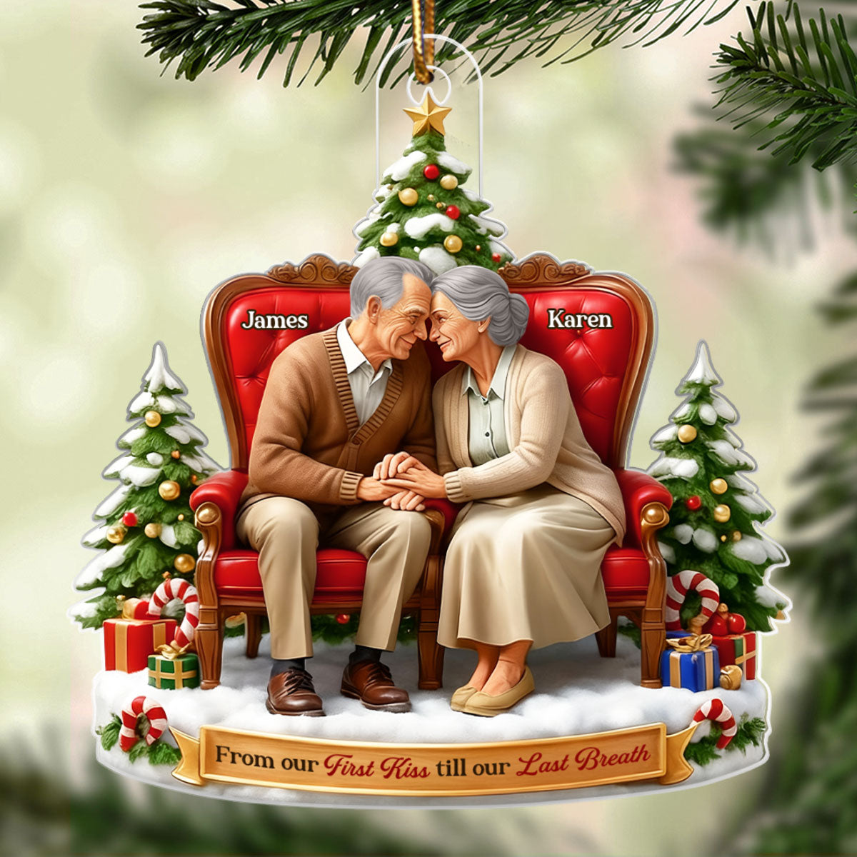 Old Couple Sitting Together from Our 1st Kiss til Our Last Breath - Personalized Acrylic Ornament - Christmas Gift for him, Gift for her