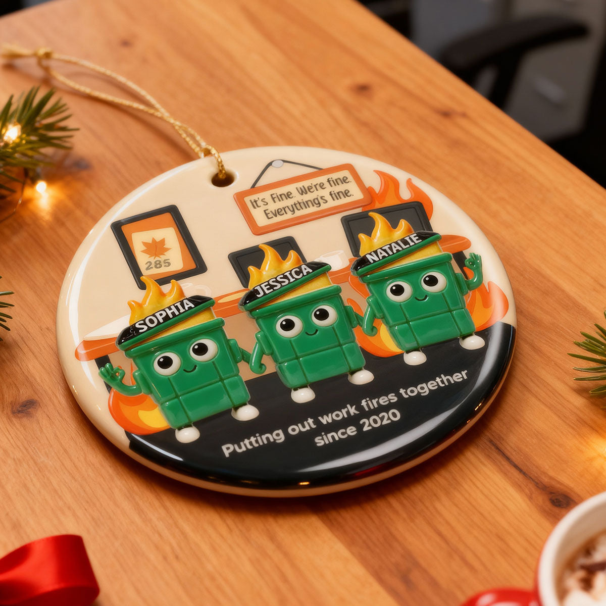 3D Effect Dumpster Fires In Office Scene - Personalized Ceramic Ornament - Funny Gift For Colleagues, Work Besties