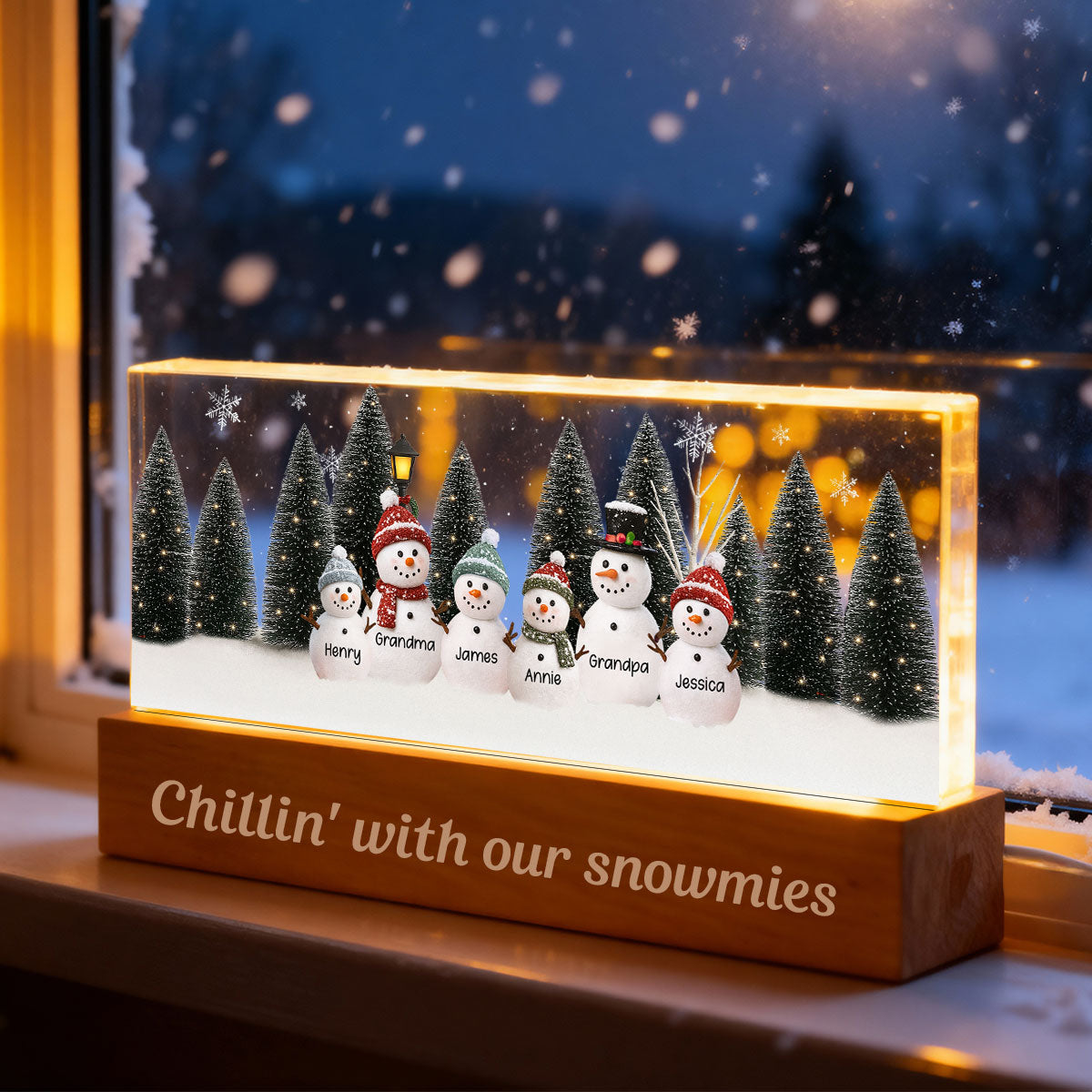 3D Effect Snowman Family Grandparents In Christmas Scene - Personalized Acrylic Block LED Night Light - Christmas Decor For Grandma, Family