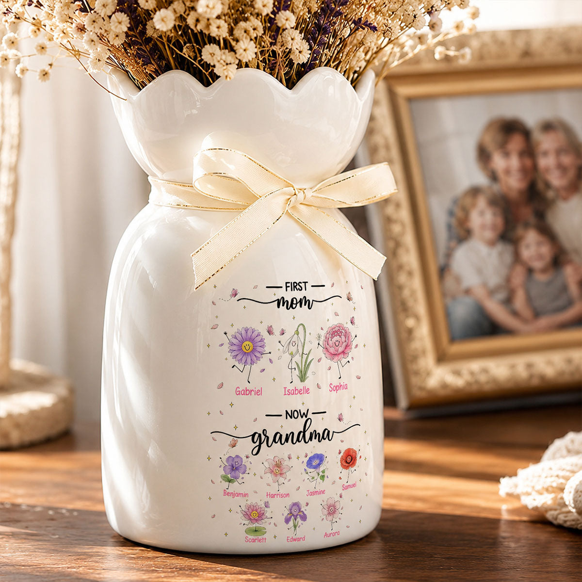 First Mom Now Grandma Doodle Birth Flowers - Personalized Ceramic Flower Vase - Gift For Grandma, Mom