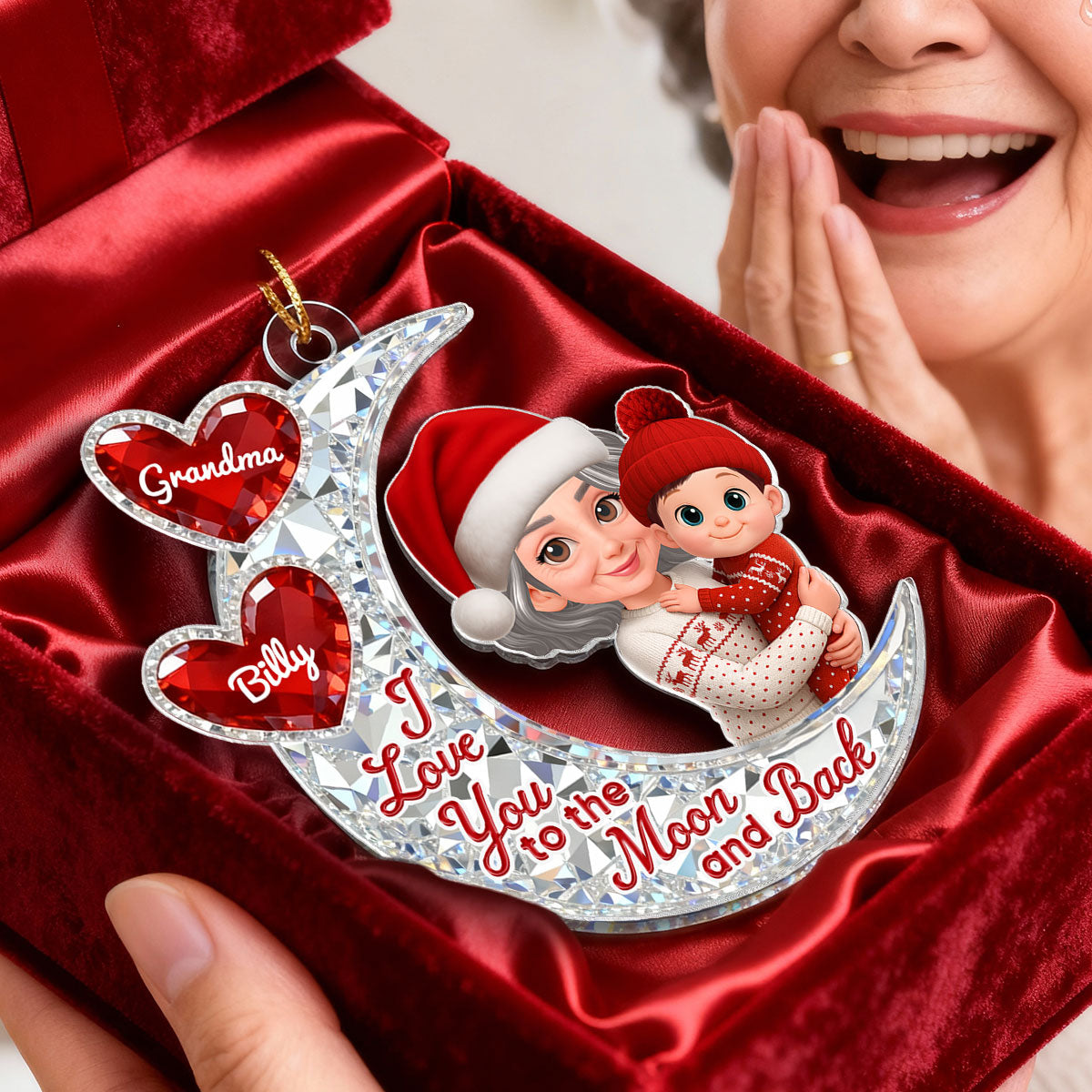 3D Effect Flat Moon Grandma Grandkid Love You To The Moon And Back - Personalized Acrylic Ornament - Christmas Gift For All Grandkids