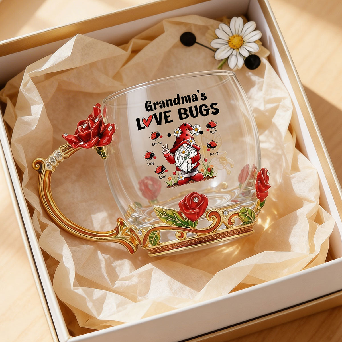 Grandma's Love Bugs - Personalized Enamel Flower Tea Cup - Gift For Grandma, Mom