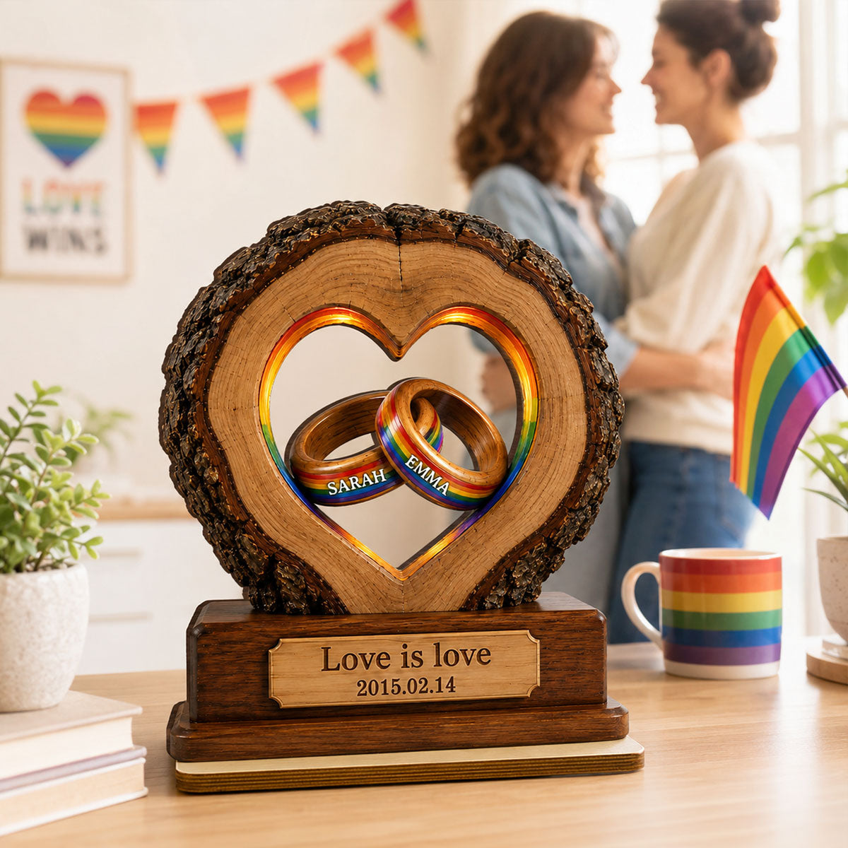 Love is Love LGBTQ+ Couple Anniversary - Personalized 2-Layered Wooden Plaque - Heartfelt Gift for Her, for Him