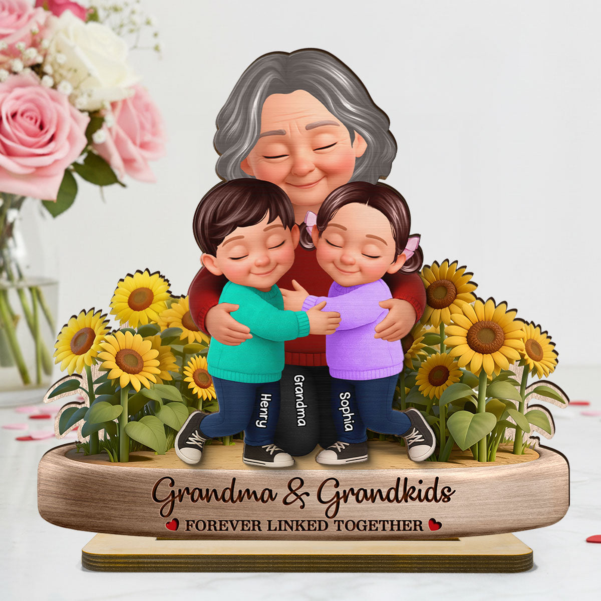 Grandma And Grandkids Forever Linked Together Sunflower Field - Personalized 2-Layered Wooden Plaque - Gift For Grandma