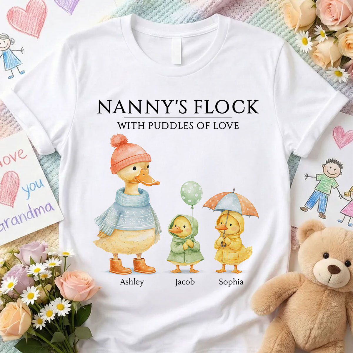 Nanny's Flock with Puddles of Love - Personalised Shirt - Gift for Grandma