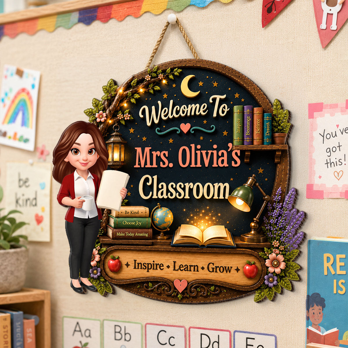 Inspire Grow Learn Fantasy Teacher - Personalized Wood Sign - Back To School Gift For Teacher, Classroom Decor