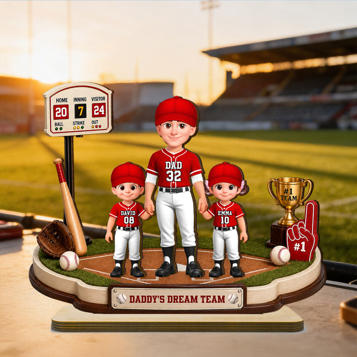 Daddy's Dream Team Baseball Dad Kids - Personalized 2-Layered Wooden Plaque - Heartfelt Gift For Baseball Dad, Gift For Husband