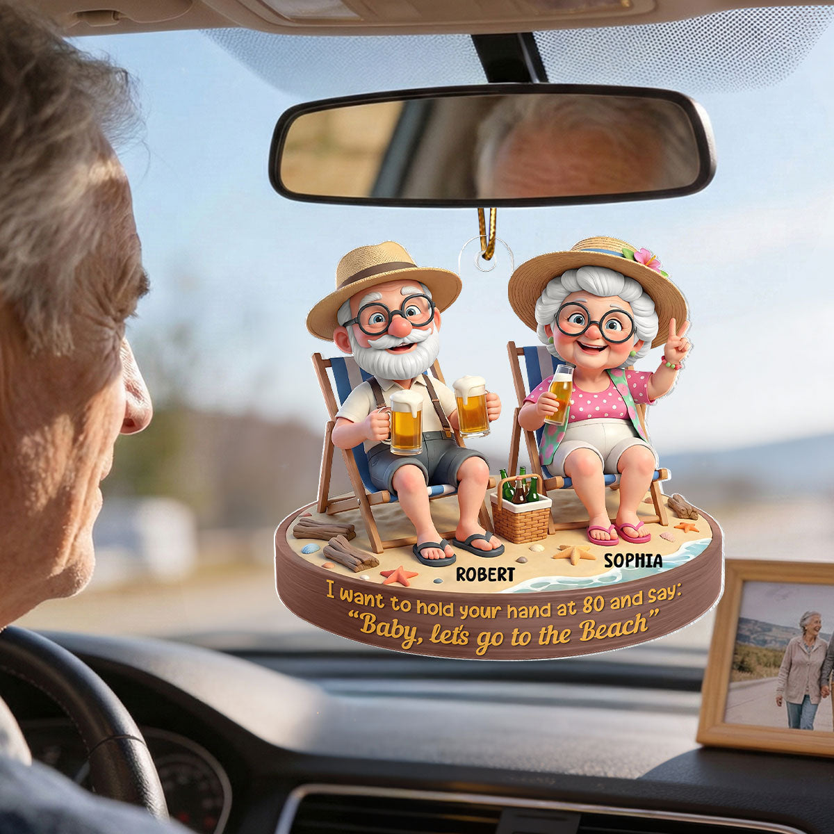 3D Effect Old Couple Baby Let's Go to the Beach  - Personalized Acrylic Car Hanger - Sentimental Gift for him, for her