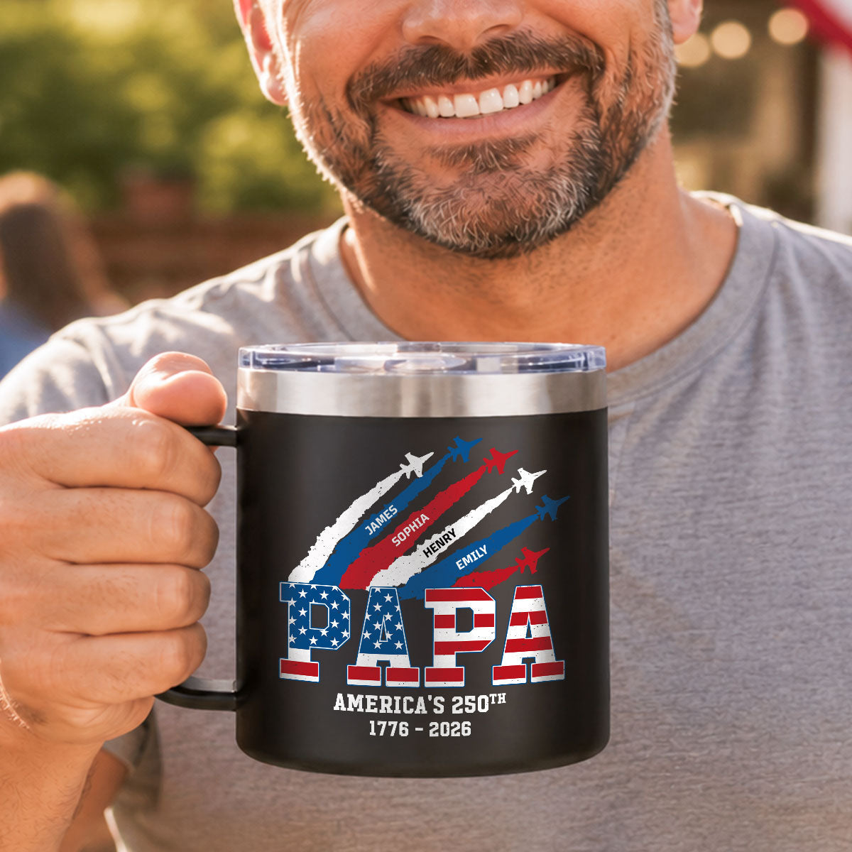 Proud Dad Grandpa Nation Flag American 250th Anniversary - Personalized Tumbler With Handle - Father's Day Gift For Patriotic Dad, Grandpa