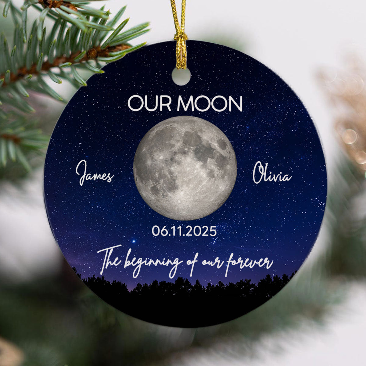 Moon Phase Couple The Beginning Of Our Forever - Personalized Ceramic Ornament - Gift For Couple