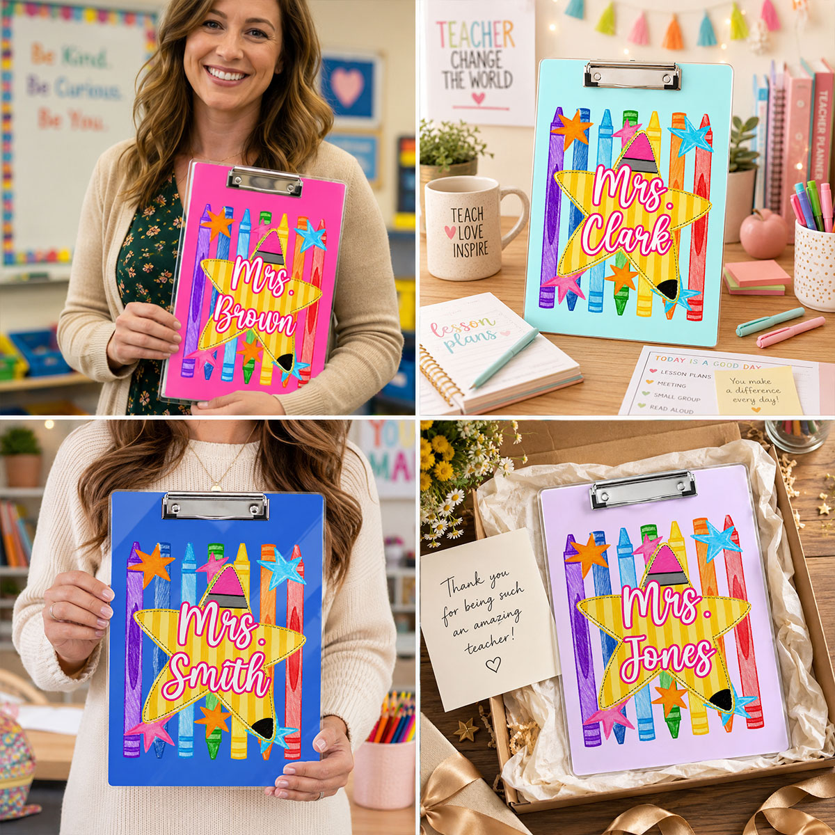 Colorful Crayon Striped Teacher Custom Name - Personalized Clipboard - Teacher Appreciation, Back To School Gift For Teachers, Colleagues