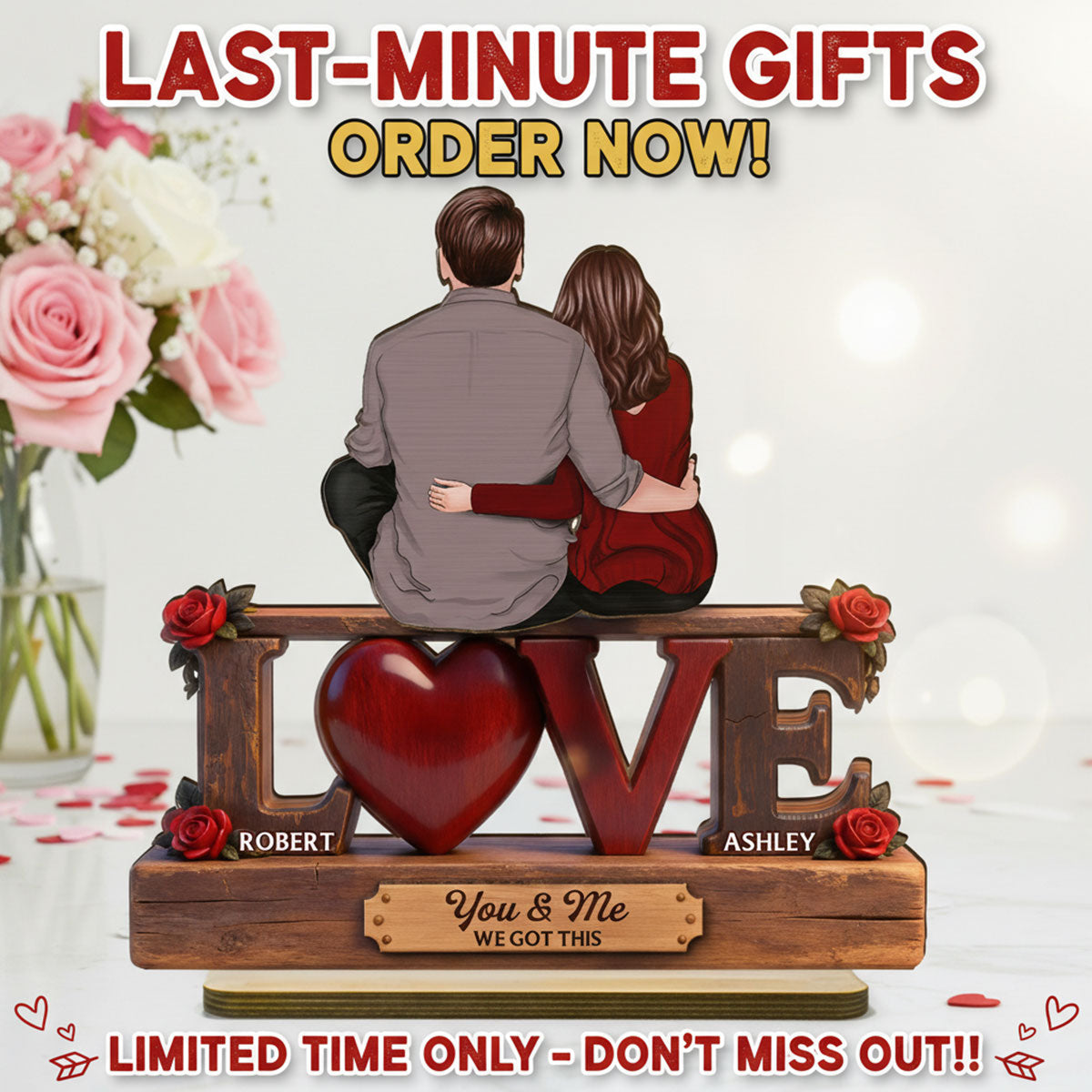 Roses LOVE Back View Couple Sitting Embracing - Personalized 2-Layered Wooden Plaque - Valentine's Day Gift For Couple, For Him, For Her