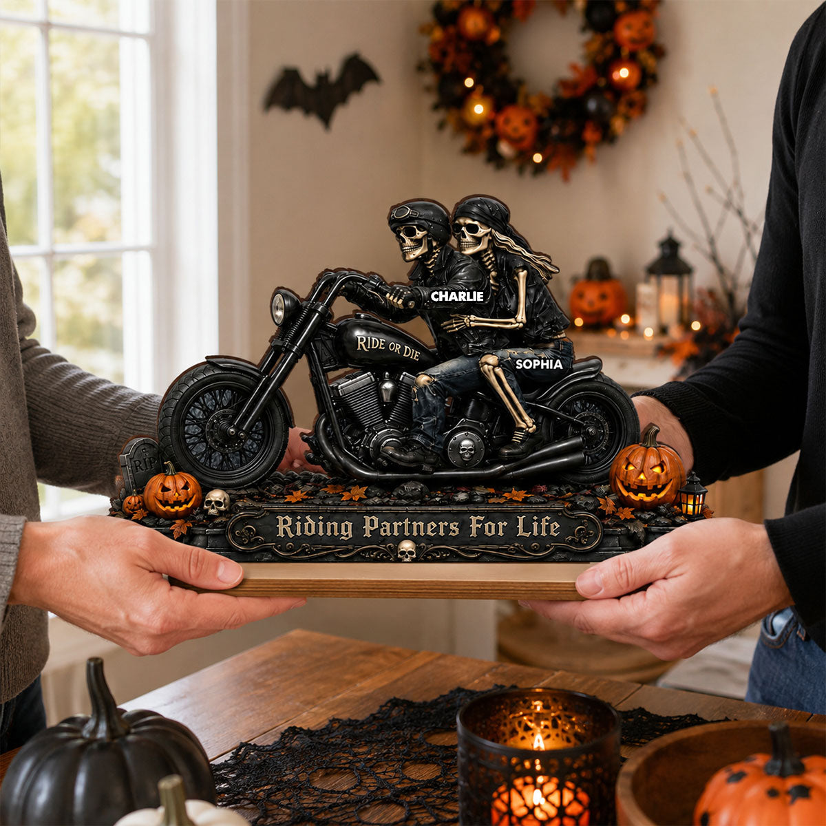 Riding Partners For Life Skeleton Couple - Personalized 2-Layered Wooden Plaque - Halloween Decor Gift, Gift For Couple