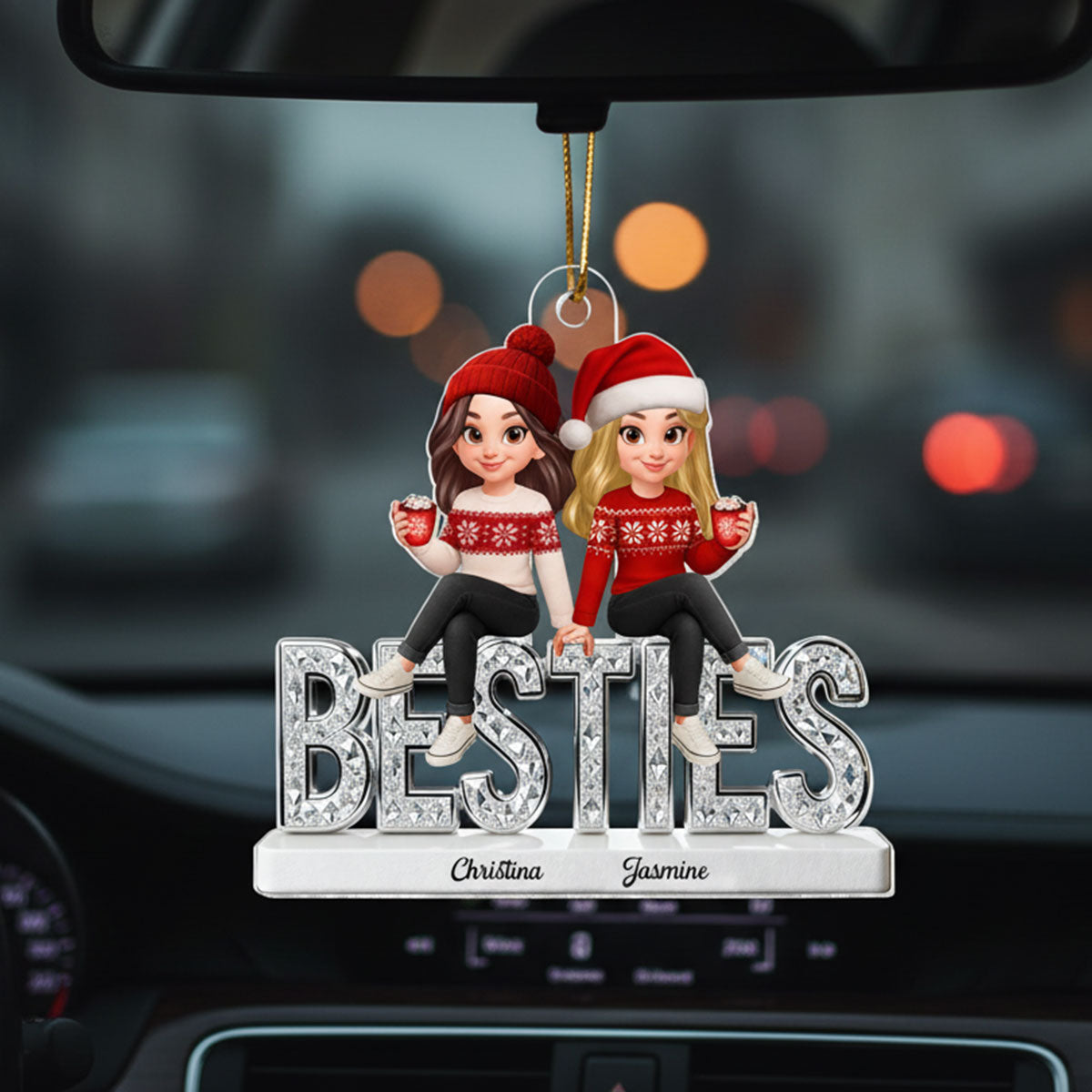 3D Shinning Effect Besties - Personalized Acrylic Car Hanger - Heartwarming Gift For Best Friends, Matching Group Ornaments