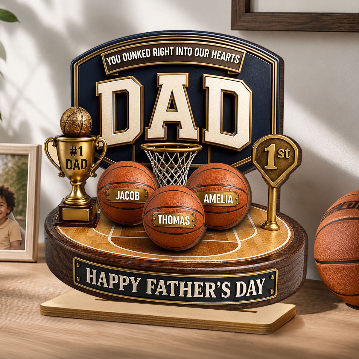 Basketball Trophy You Dunked Right Into Our Hearts - Personalized 2-Layered Wooden Plaque -  Gift For Dad, Husband