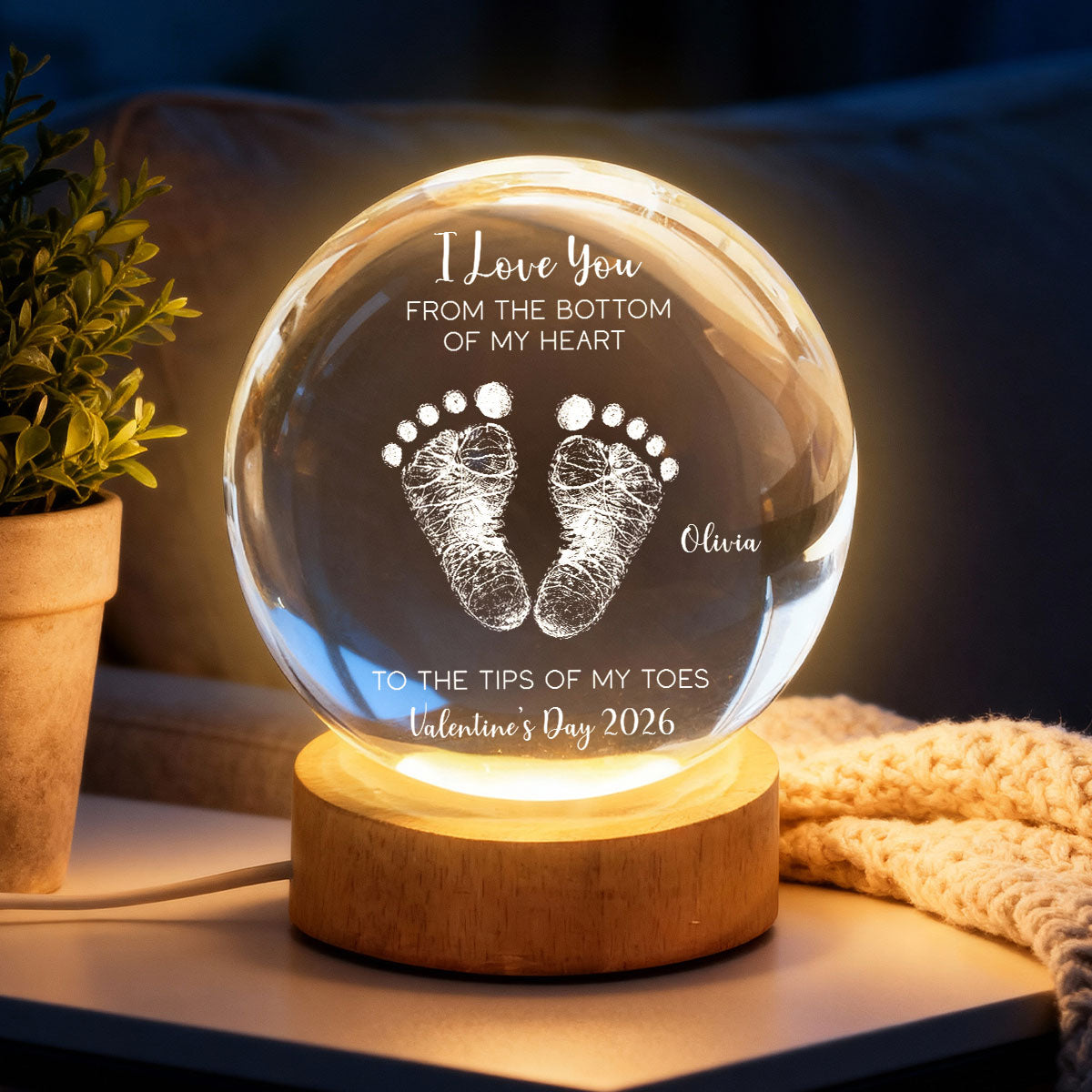Valentine Kids Footprint Sign - Personalized Crystal Ball LED Night Light - Anniversary, Valentine's Day Gift, Gift For Him, Gift For Her