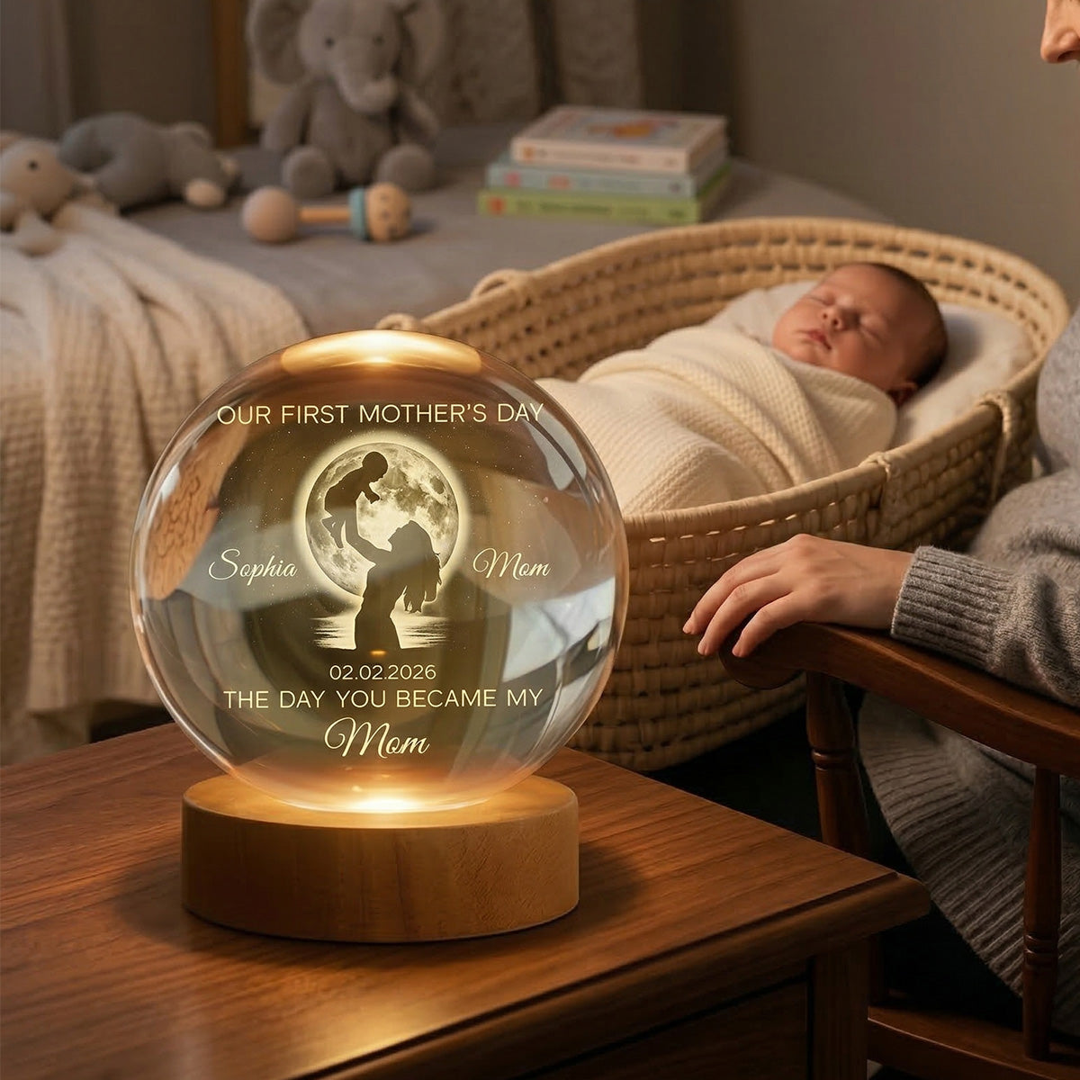 Custom Moon Phase First Mother's Day The Day You Became My Mom - Personalized Crystal Ball LED Night Light - First Mother's Day Gift For New Mom