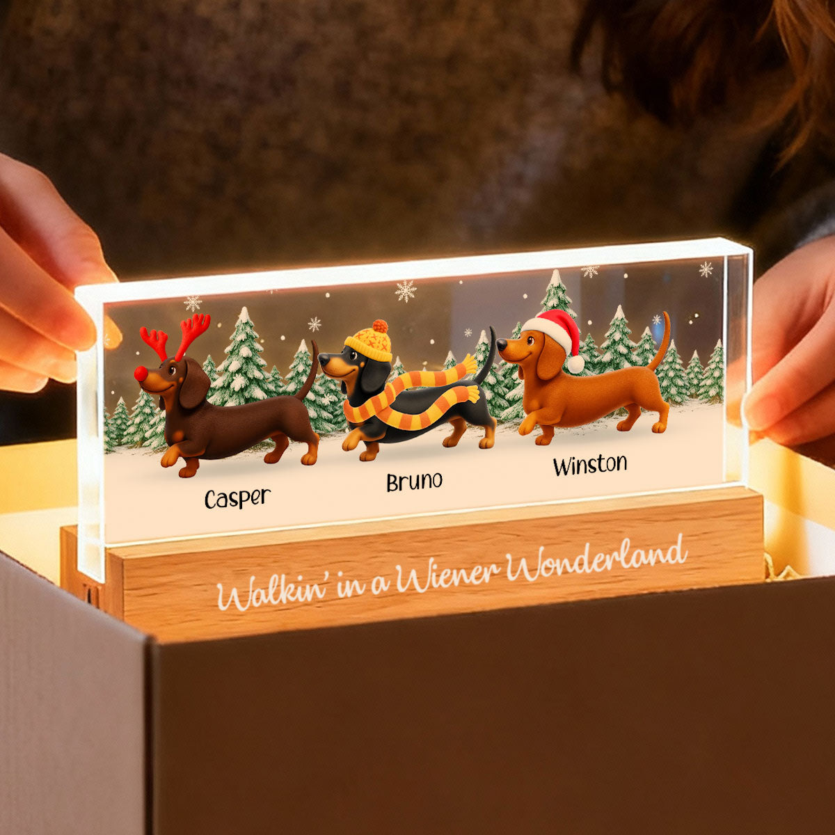 Christmas Dachshunds Walking In A Wiener Wonderland - Personalized Acrylic Block Plaque LED Night Light