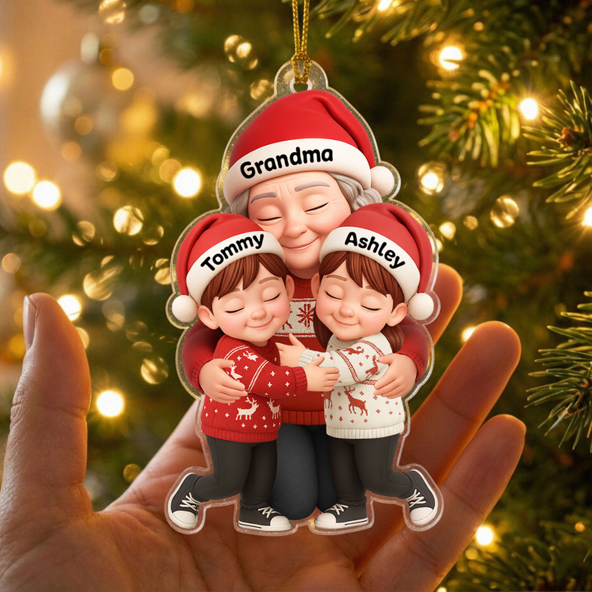 Grandma’s Loving Embrace – Custom Ornament with Grandkids’ Names – A Cherished Christmas Keepsake for Grandma, Grandkids
