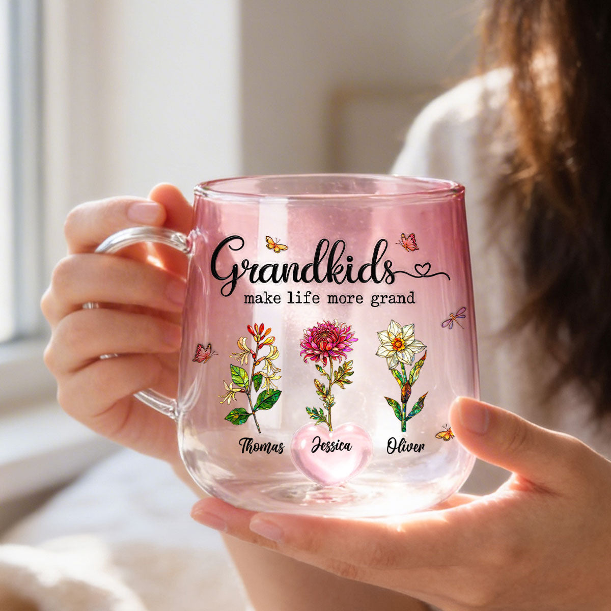 Grandkids Make Life More Grand Custom Birth Flower - Personalized Glass Mug - Heartfelt Mother's Day Gift for Grandma, Mom