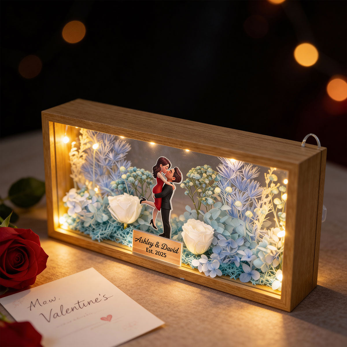 Romantic Couple Hugging Kissing - Personalized DIY Flower Shadow Box LED Night Light - Gift For Couple, For Him, For Her
